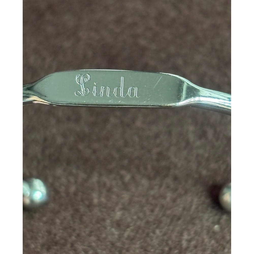Linda Engraved Nameplate Cuff Bracelet Silver Tone Ball End Torque Bangle